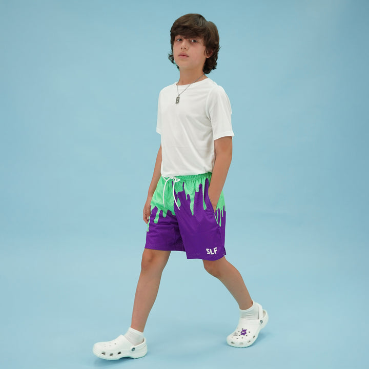 Neon Drip Aquamarine Purple Kids Shorts - 5"