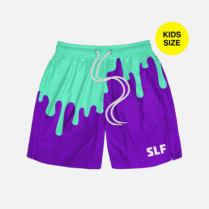 Neon Drip Aquamarine Purple Kids Shorts - 5"