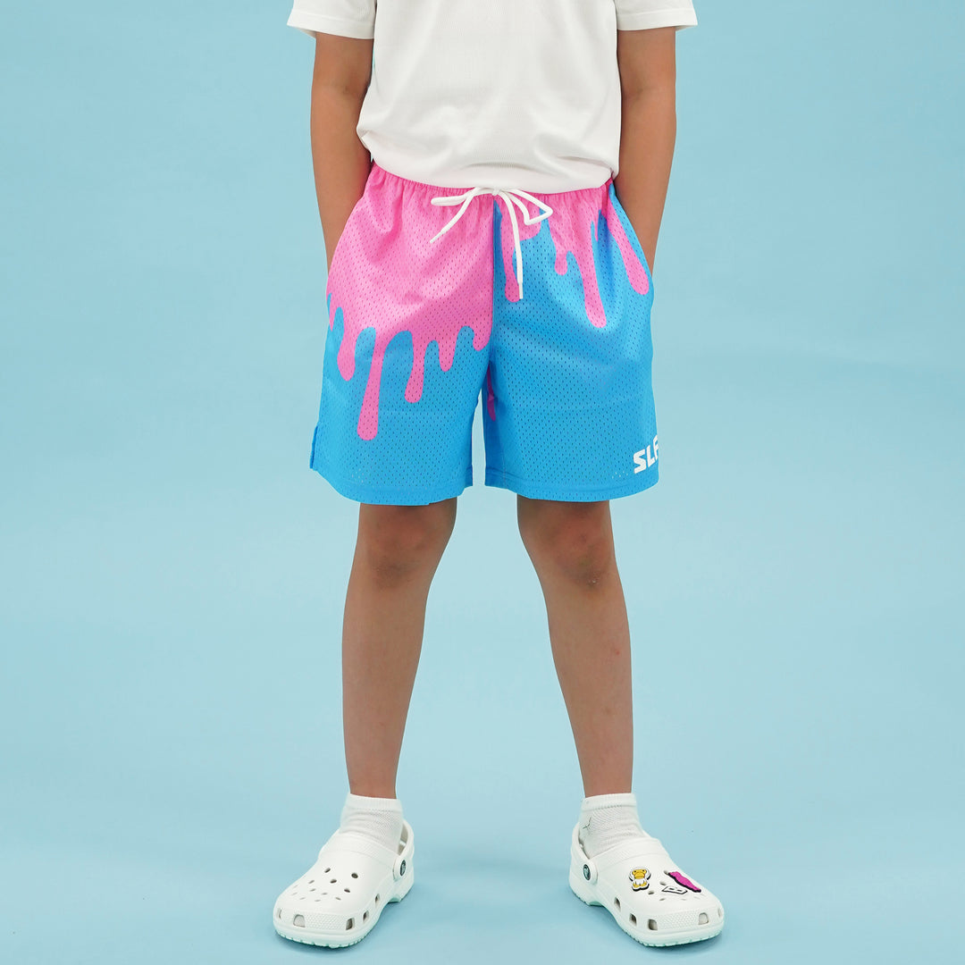 Neon Drip Pink Light Blue Kids Shorts - 5"