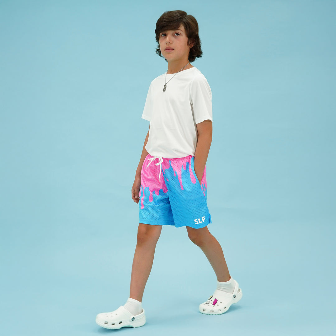 Neon Drip Pink Light Blue Kids Shorts - 5"