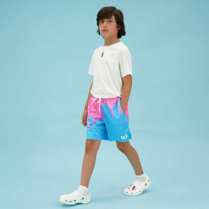 Neon Drip Pink Light Blue Kids Shorts - 5"