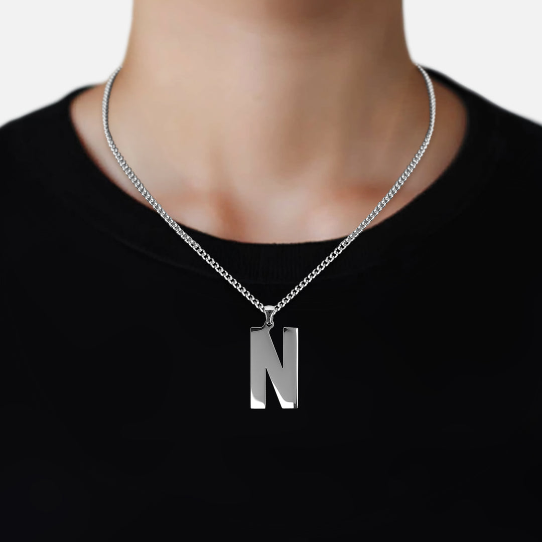 N Letter Pendant with Chain Necklace - Stainless Steel