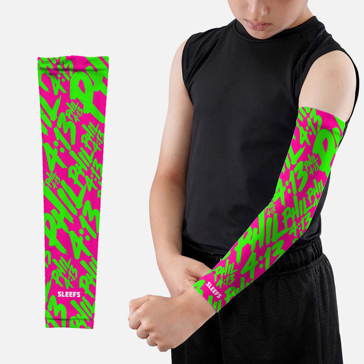 Philippians 4:13 Pink Neon Kids Arm Sleeves