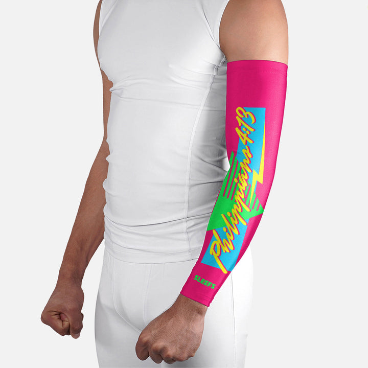 Philippians 4:13 Synthwave Pink and Blue Arm Sleeves Pair