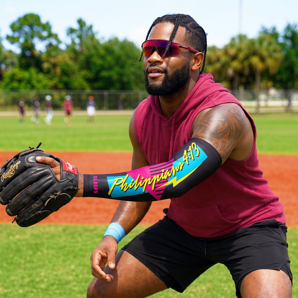 Philippians 4:13 Synthwave Black and White Arm Sleeves Pair