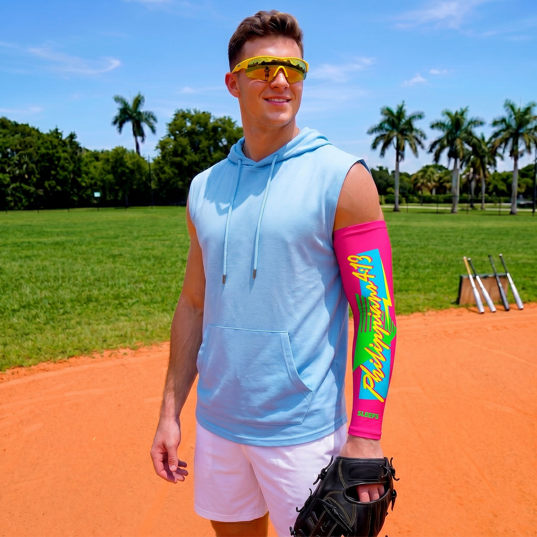 Philippians 4:13 Synthwave Pink and Blue Arm Sleeves Pair