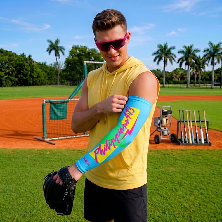 Philippians 4:13 Synthwave Pink and Blue Arm Sleeves Pair