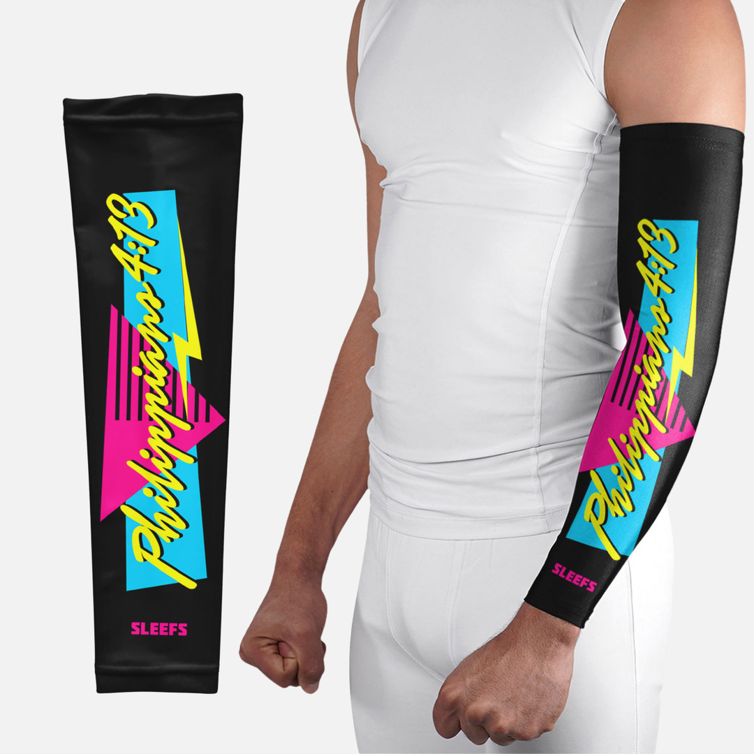 Philippians 4:13 Synthwave Black and White Arm Sleeves Pair