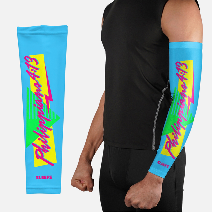 Philippians 4:13 Synthwave Pink and Blue Arm Sleeves Pair