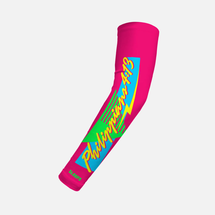 Philippians 4:13 Synthwave Pink and Blue Kids Arm Sleeves Pair