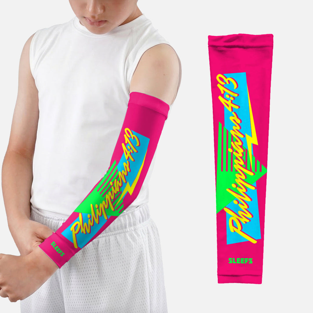 Philippians 4:13 Synthwave Pink and Blue Kids Arm Sleeves Pair