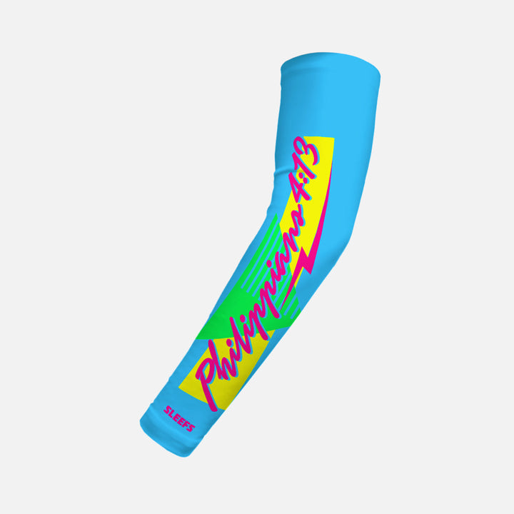 Philippians 4:13 Synthwave Pink and Blue Kids Arm Sleeves Pair