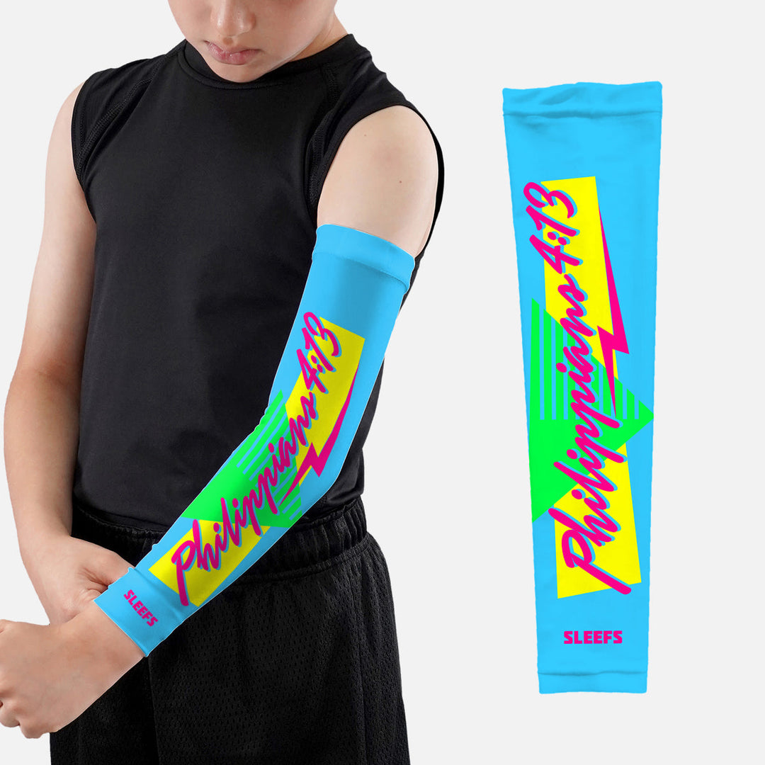 Philippians 4:13 Synthwave Pink and Blue Kids Arm Sleeves Pair