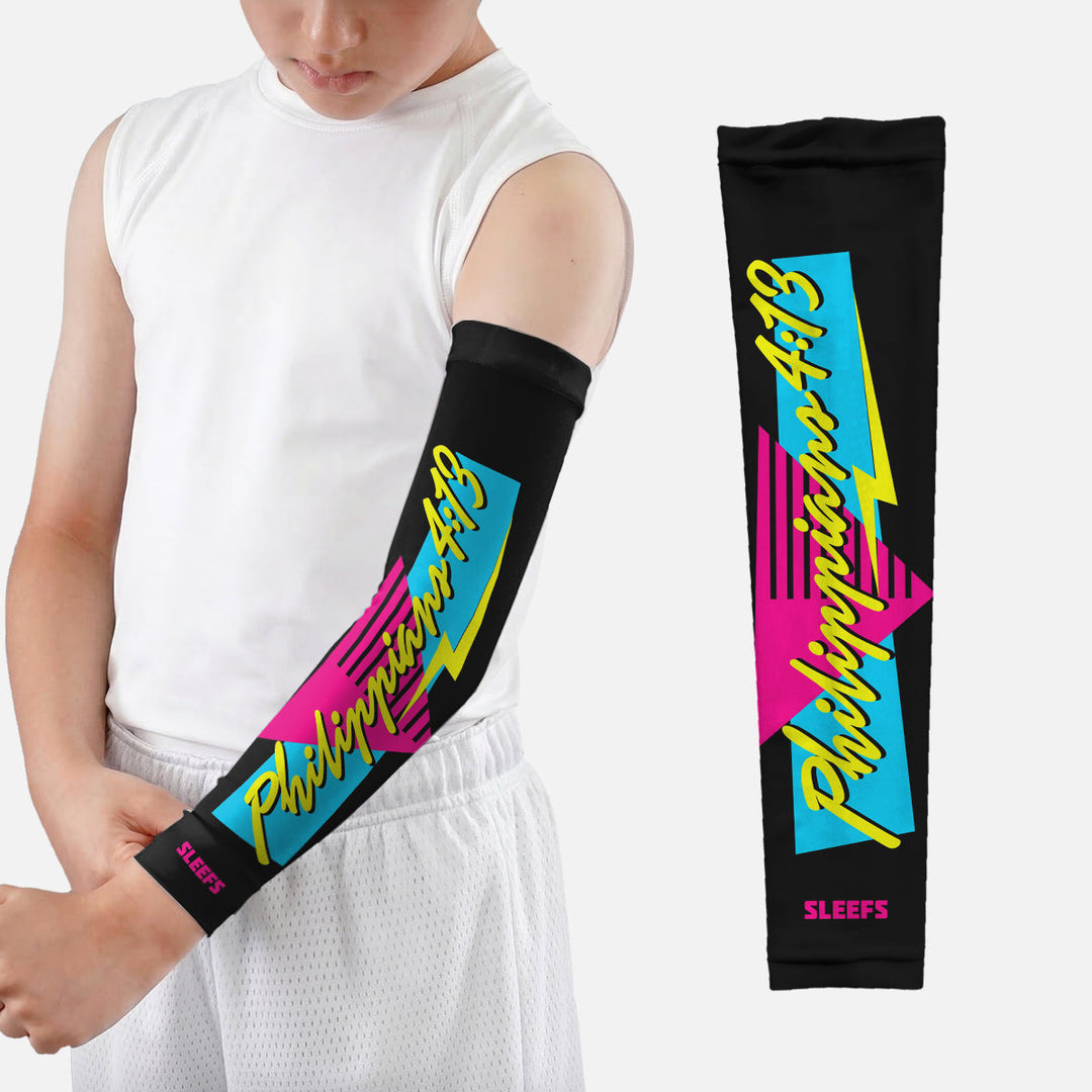 Philippians 4:13 Synthwave Black and White Kids Arm Sleeves Pair