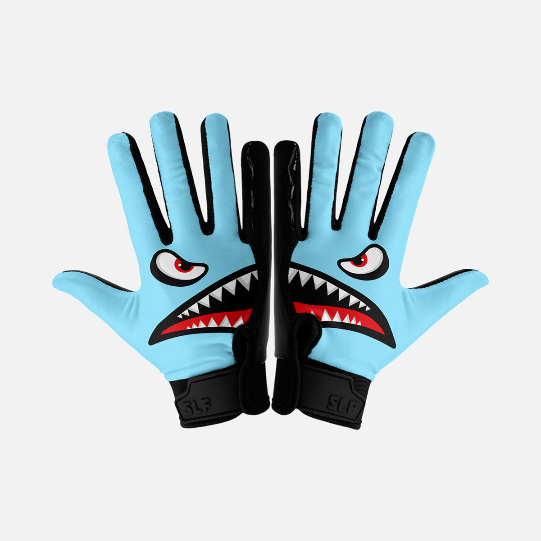 War Shark Blue Sticky Kids Football Receiver Gloves