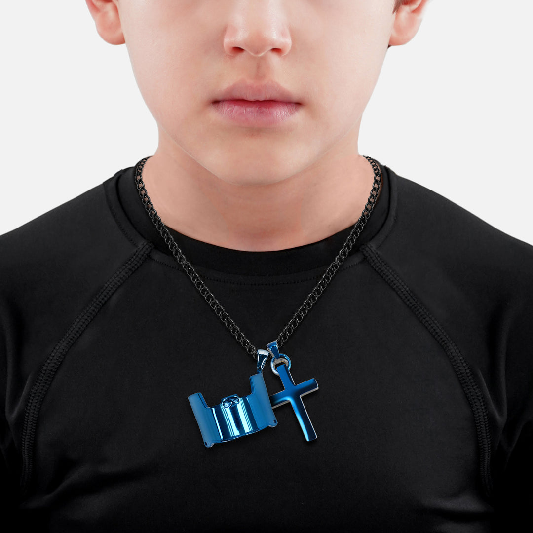 Visor & Cross Pendant with Chain Kids Necklace - Cobalt Blue Stainless Steel