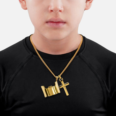 Visor & Cross Pendant with Chain Kids Necklace - Gold Plated Stainless Steel