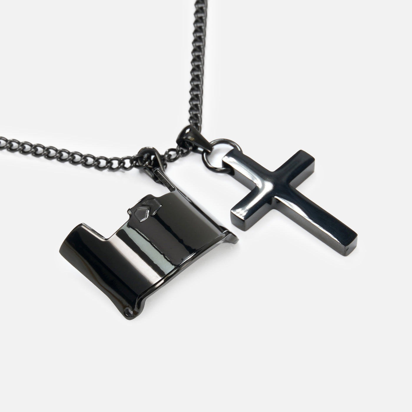 Visor & Cross Pendant with Chain Necklace - Black Stainless Steel