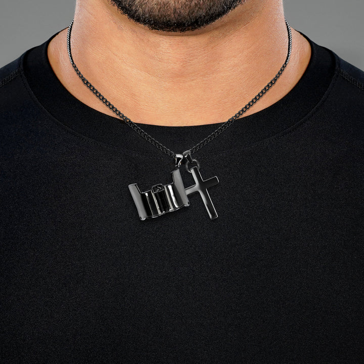 Visor & Cross Pendant with Chain Necklace - Black Stainless Steel