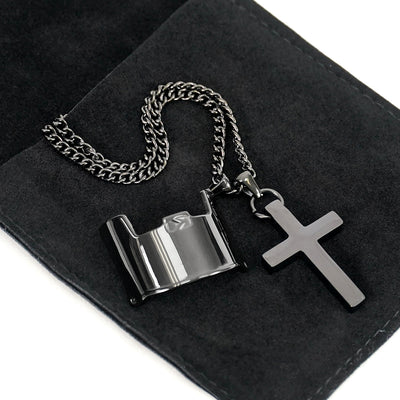 Visor & Cross Pendant with Chain Necklace - Black Stainless Steel