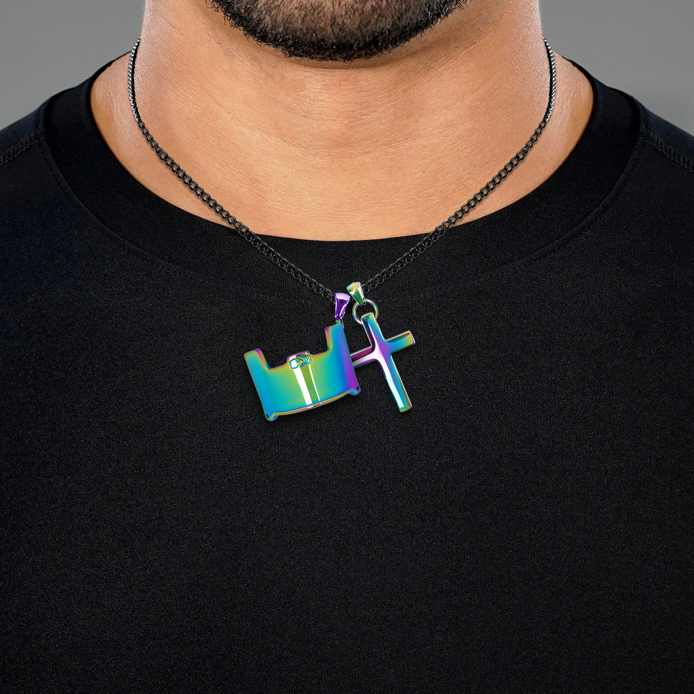 Visor &amp; Cross Pendant with Chain Necklace - Borealis Stainless Steel