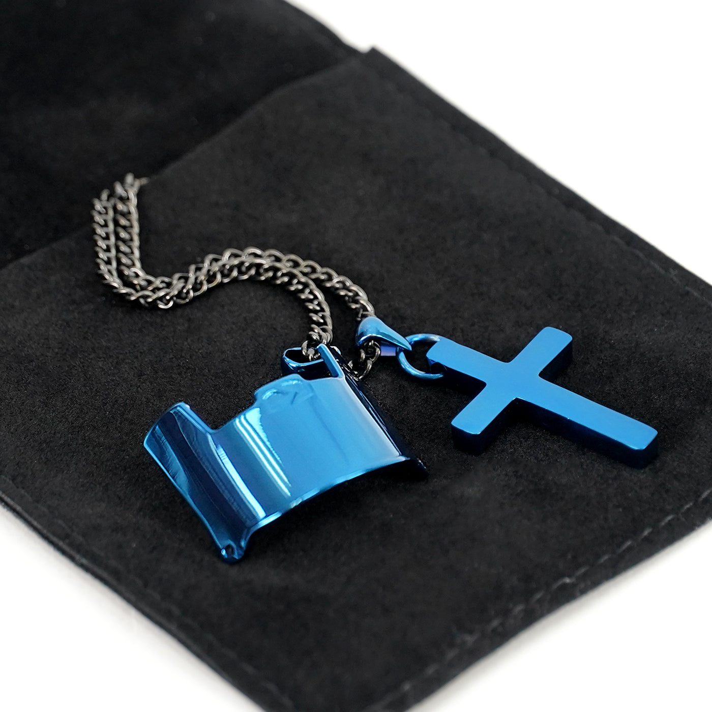 Visor & Cross Pendant with Chain Necklace - Cobalt Blue Stainless Steel