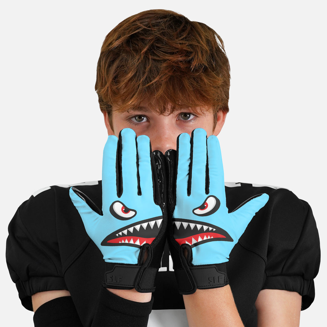 War Shark Blue Sticky Kids Football Receiver Gloves