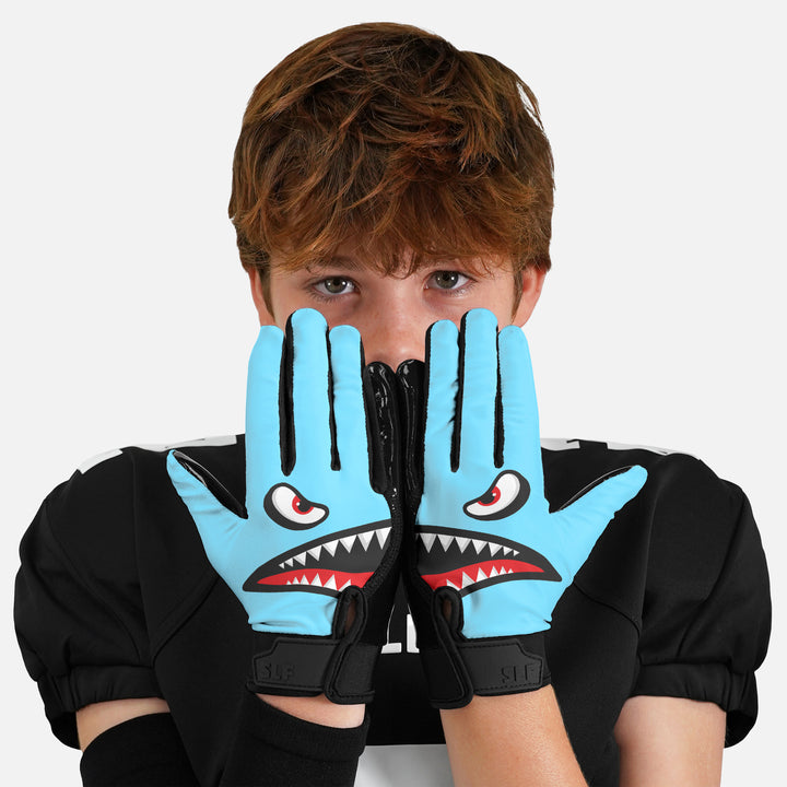 War Shark Blue Sticky Kids Football Receiver Gloves