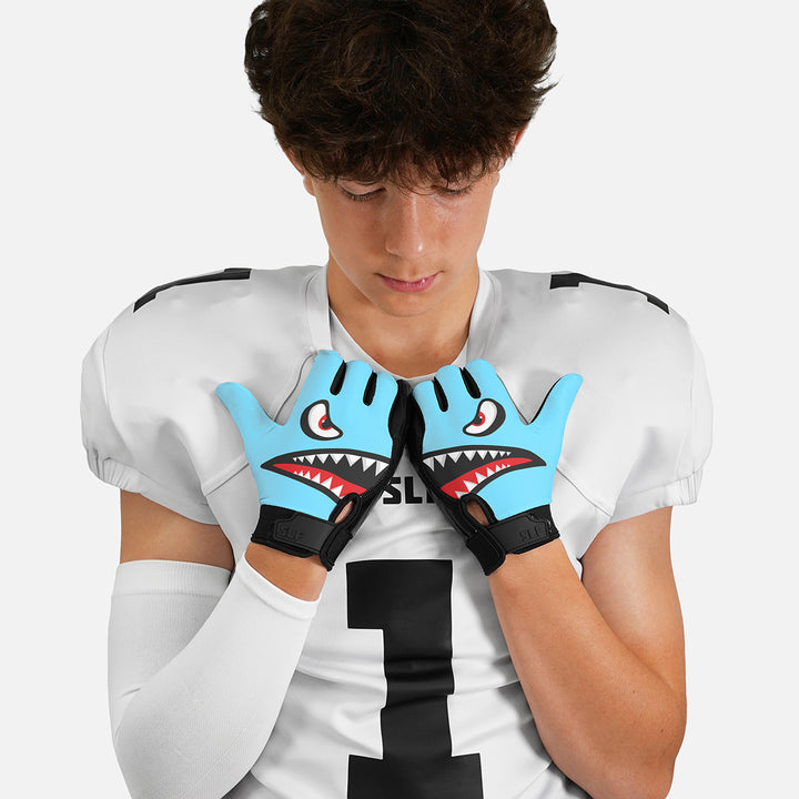 War Shark Blue Sticky Football Receiver Gloves