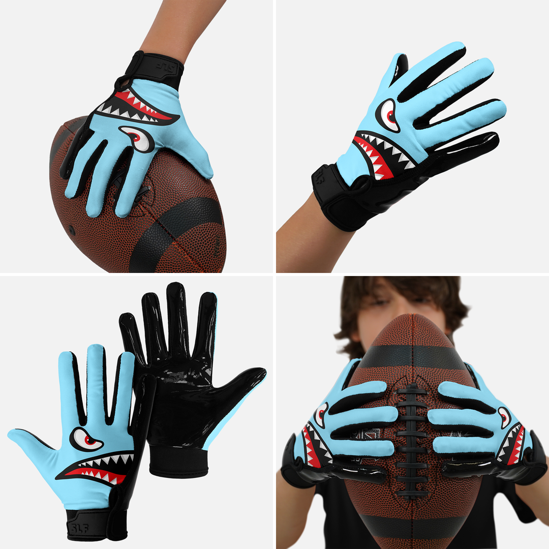 War Shark Blue Sticky Kids Football Receiver Gloves