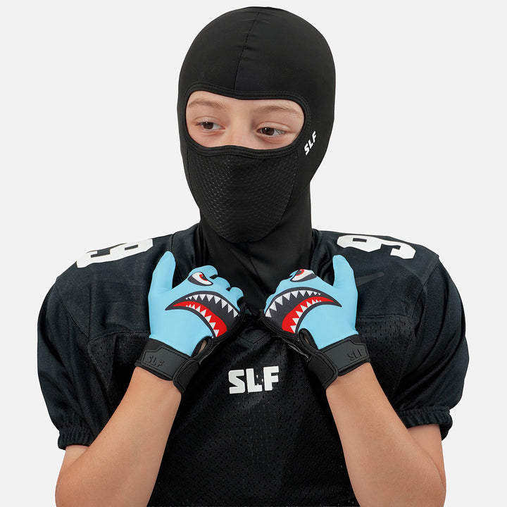 War Shark Blue Sticky Kids Football Receiver Gloves