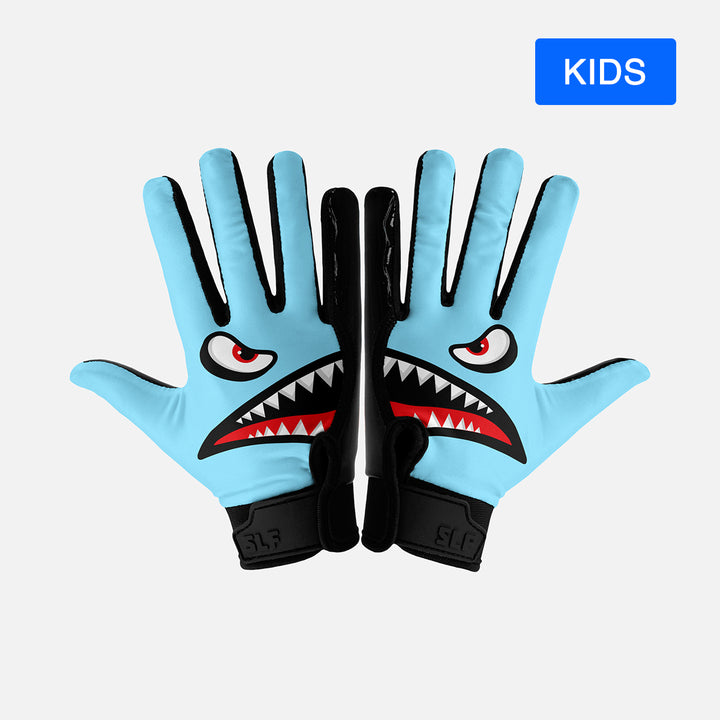 War Shark Blue Sticky Kids Football Receiver Gloves