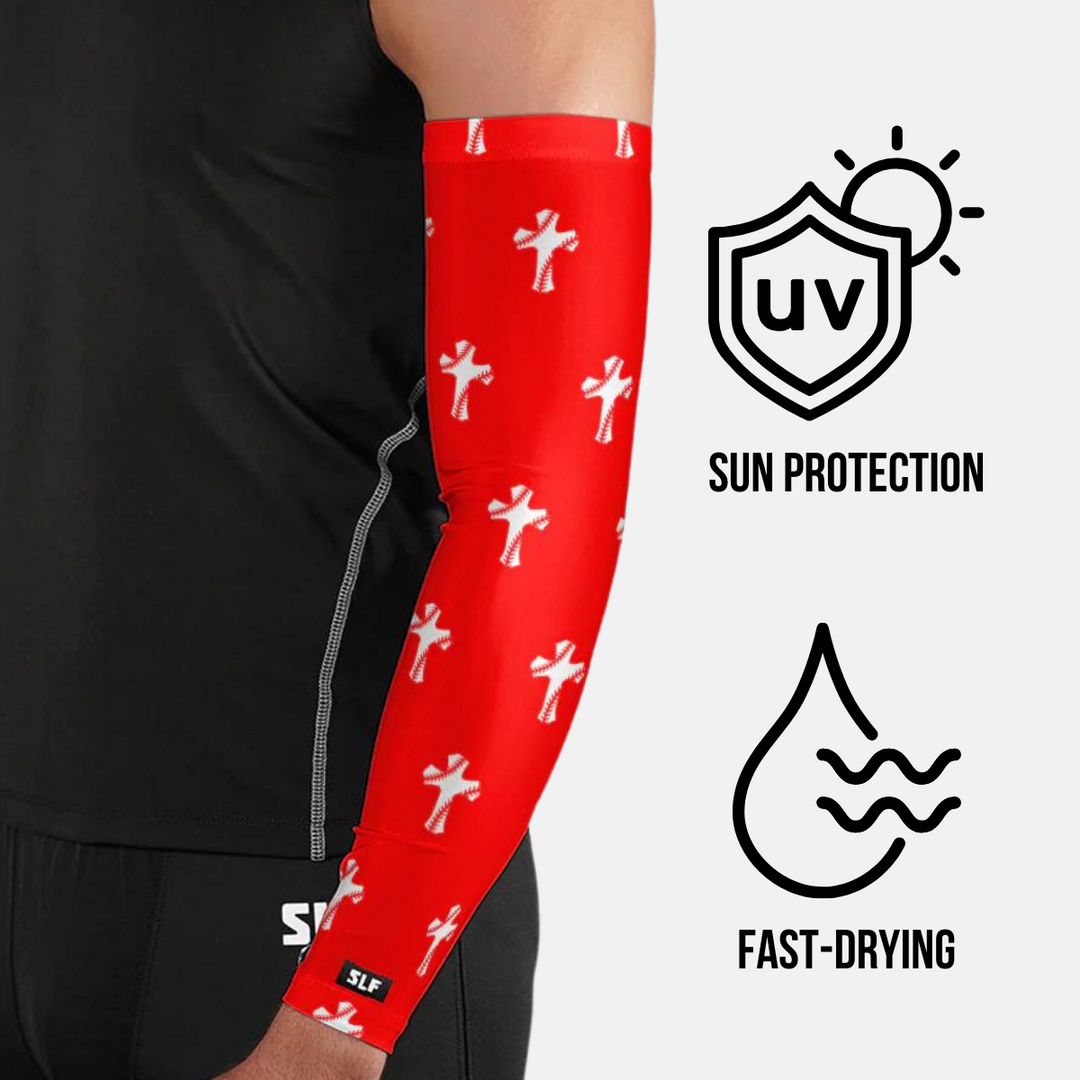 Baseball Cross Pattern Red UV Arm Sleeves (pair)