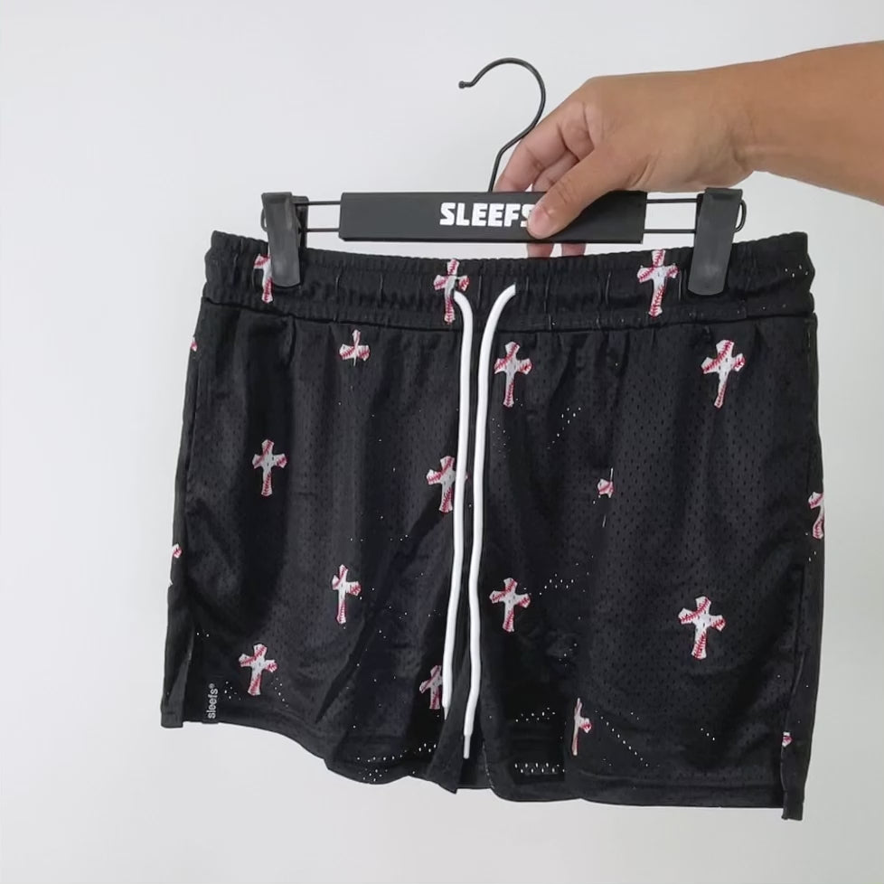 Baseball Cross Pattern Black Shorts - 5"