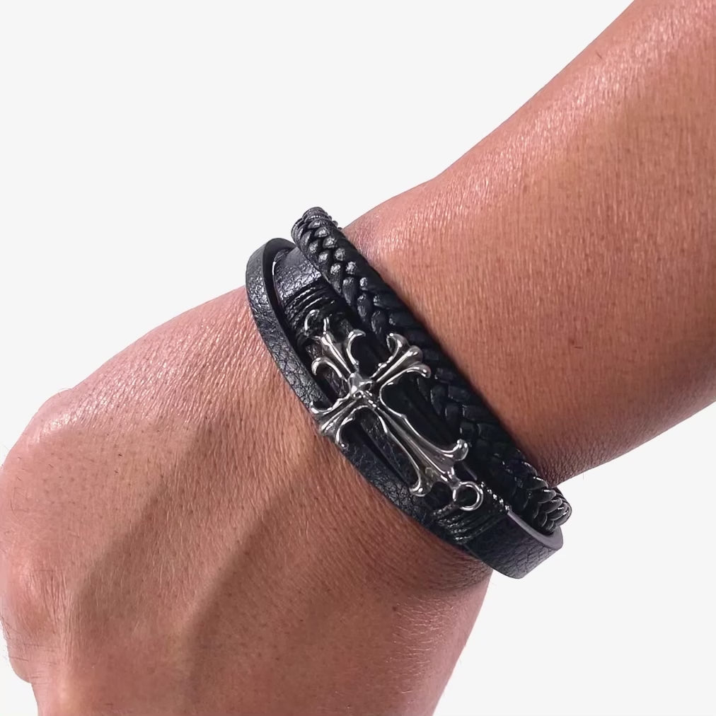 Cross and Skull Black Leather Bracelet