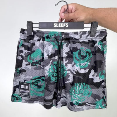 Gray Camo Teal Flowers Shorts - 5"