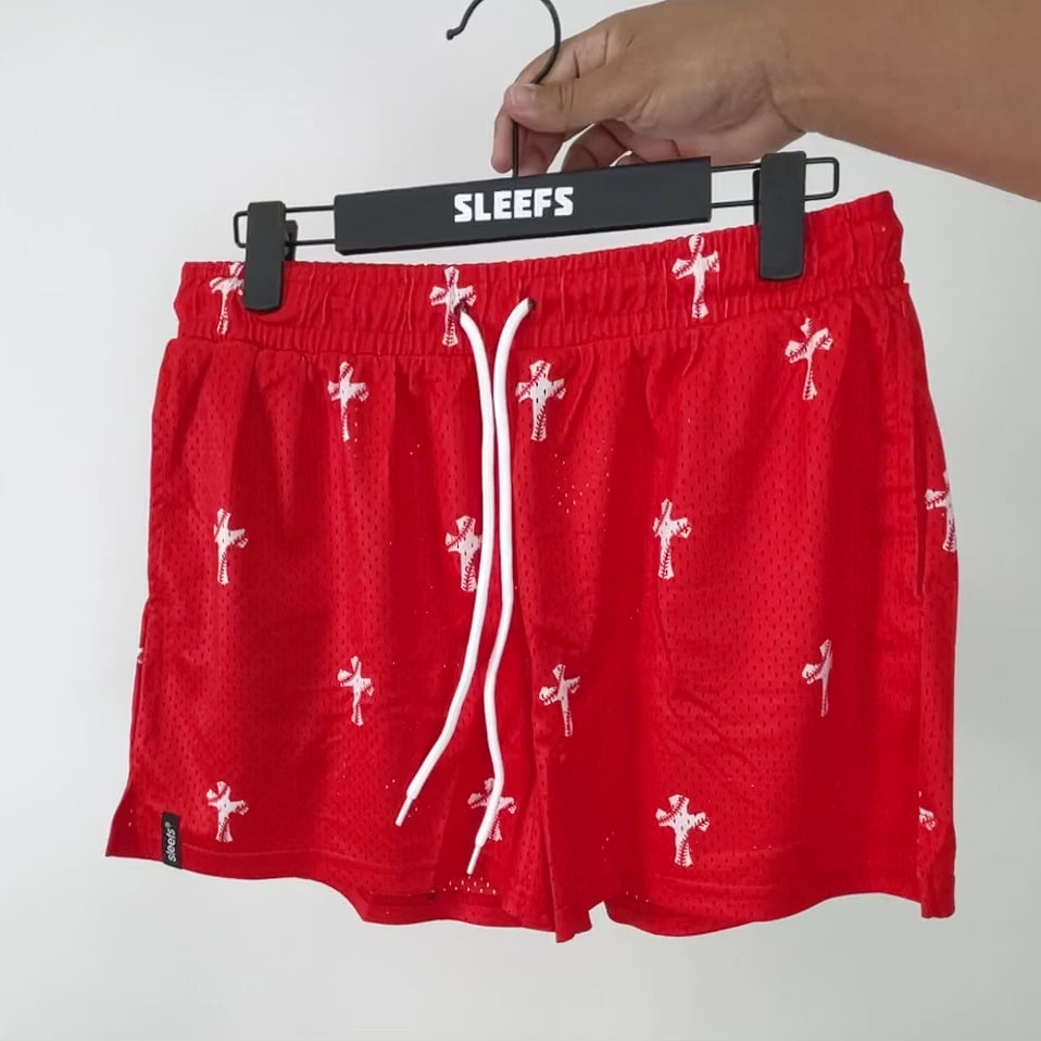 Baseball Cross Pattern Red Shorts - 5"