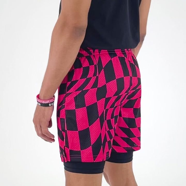 Pink Warped Checkered Shorts - 7"