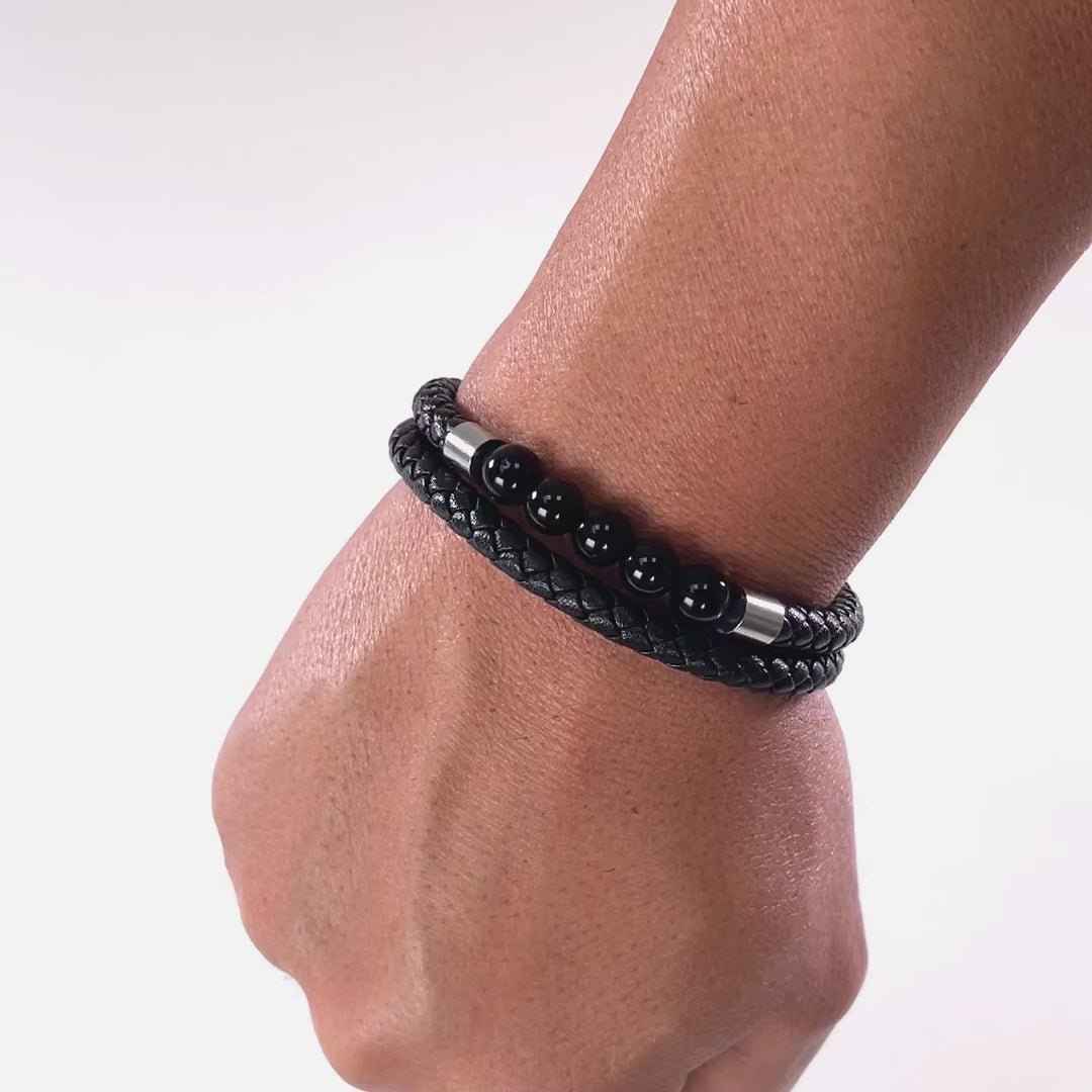 Black 5 Beads Leather Bracelet