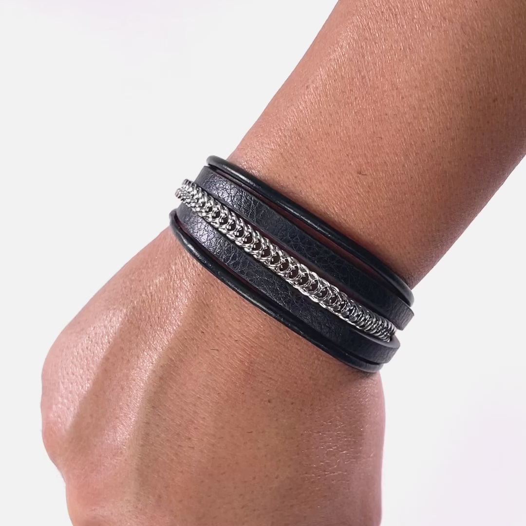 Black Leather and Chain 5 in 1 Bracelet