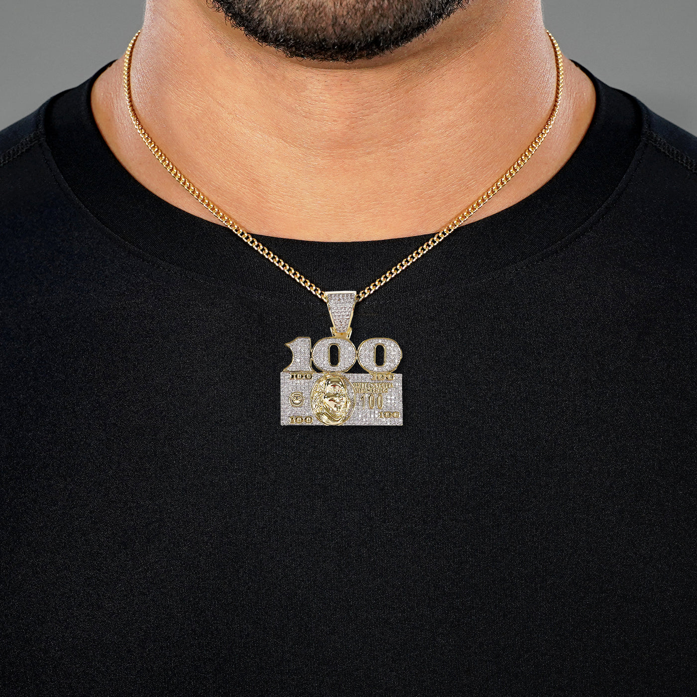 100 Money Benjamin 1½" Pendant with Chain Necklace - Gold Plated Stainless Steel