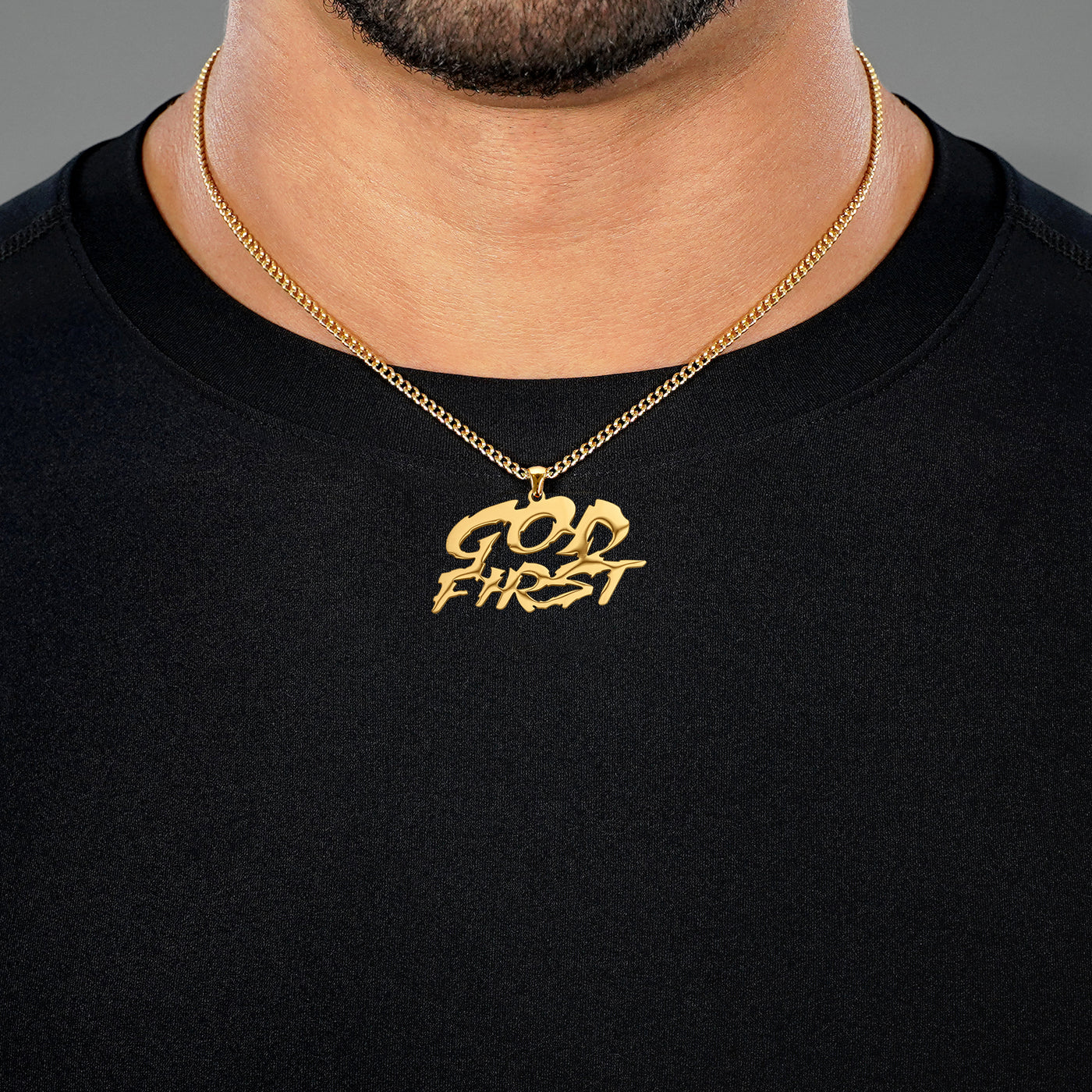 God First Pendant with Chain Necklace - Gold Plated Stainless Steel