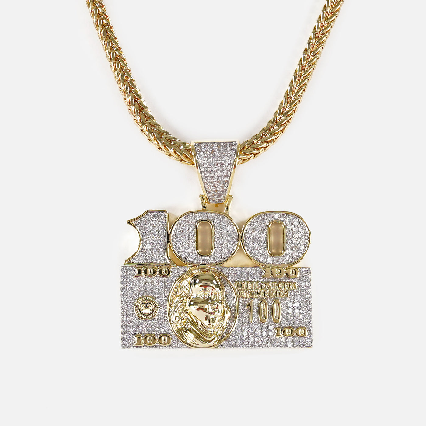 100 Money Benjamin 1½" Pendant with Chain Necklace - Gold Plated Stainless Steel