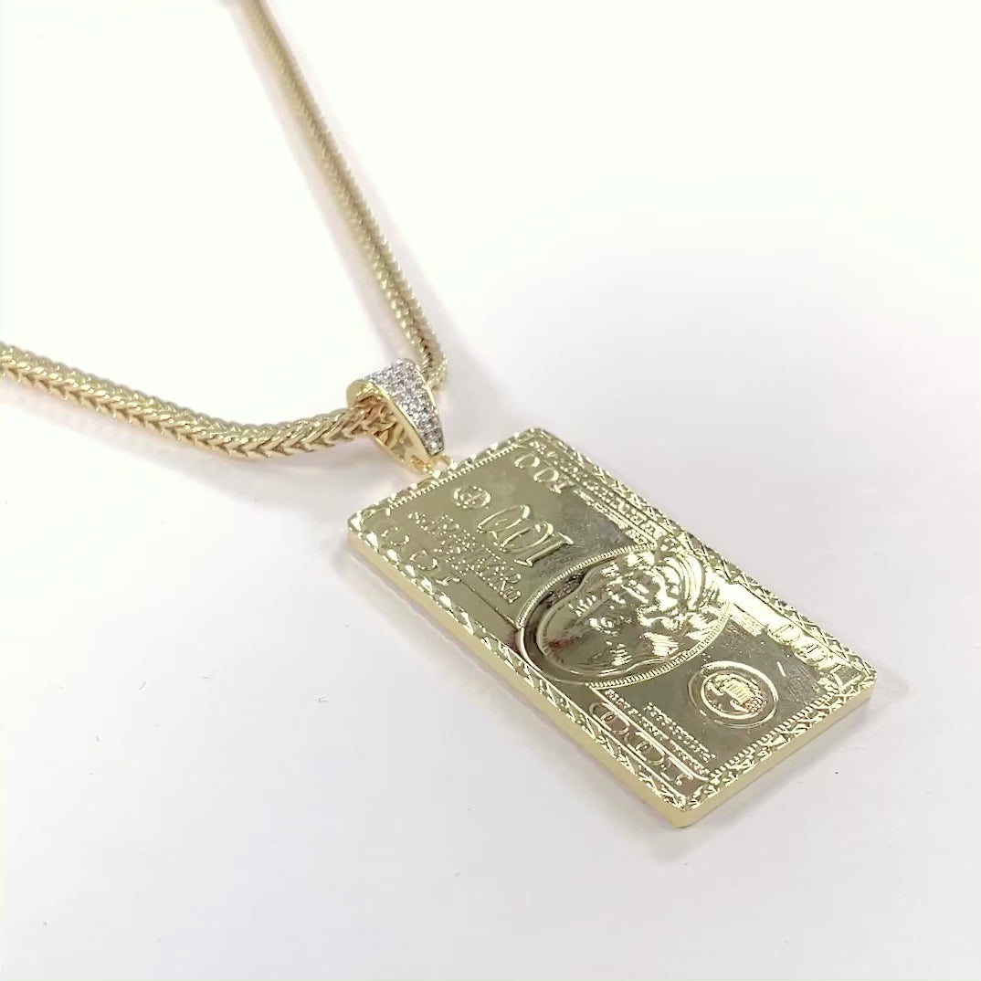 Big Money Benjamin 2" Pendant with Chain Necklace - Gold Plated Stainless Steel