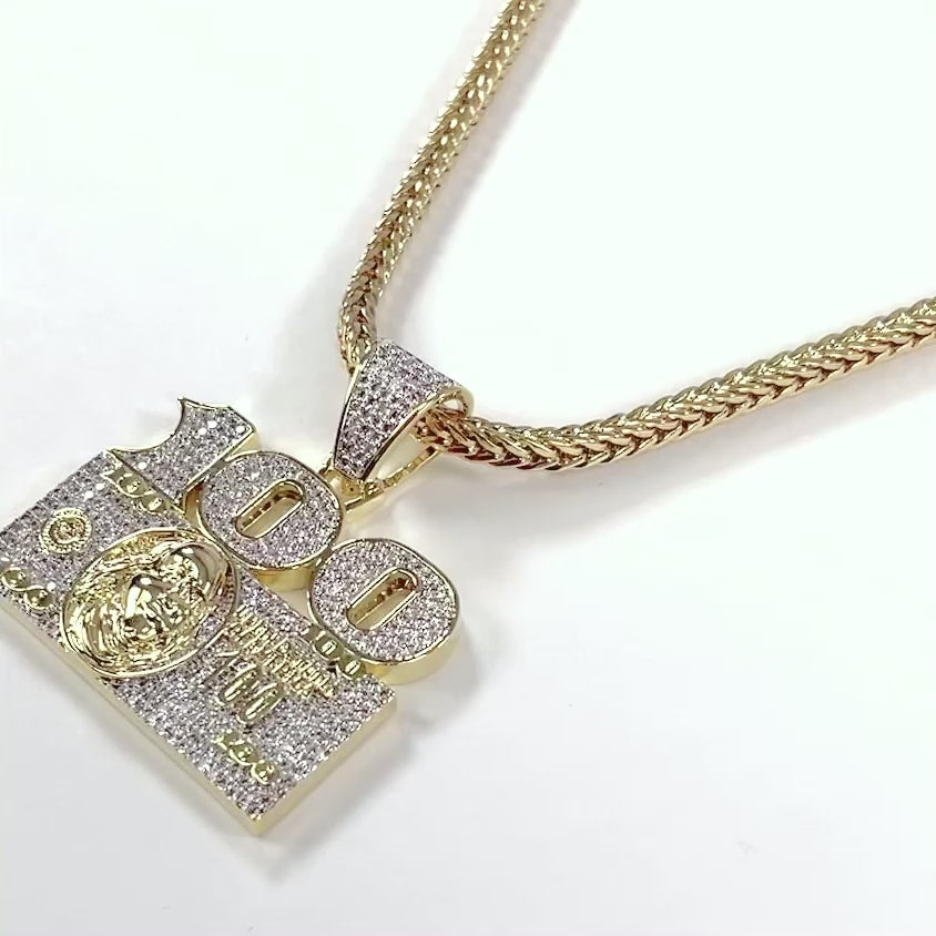 100 Money Benjamin 1½" Pendant with Chain Necklace - Gold Plated Stainless Steel