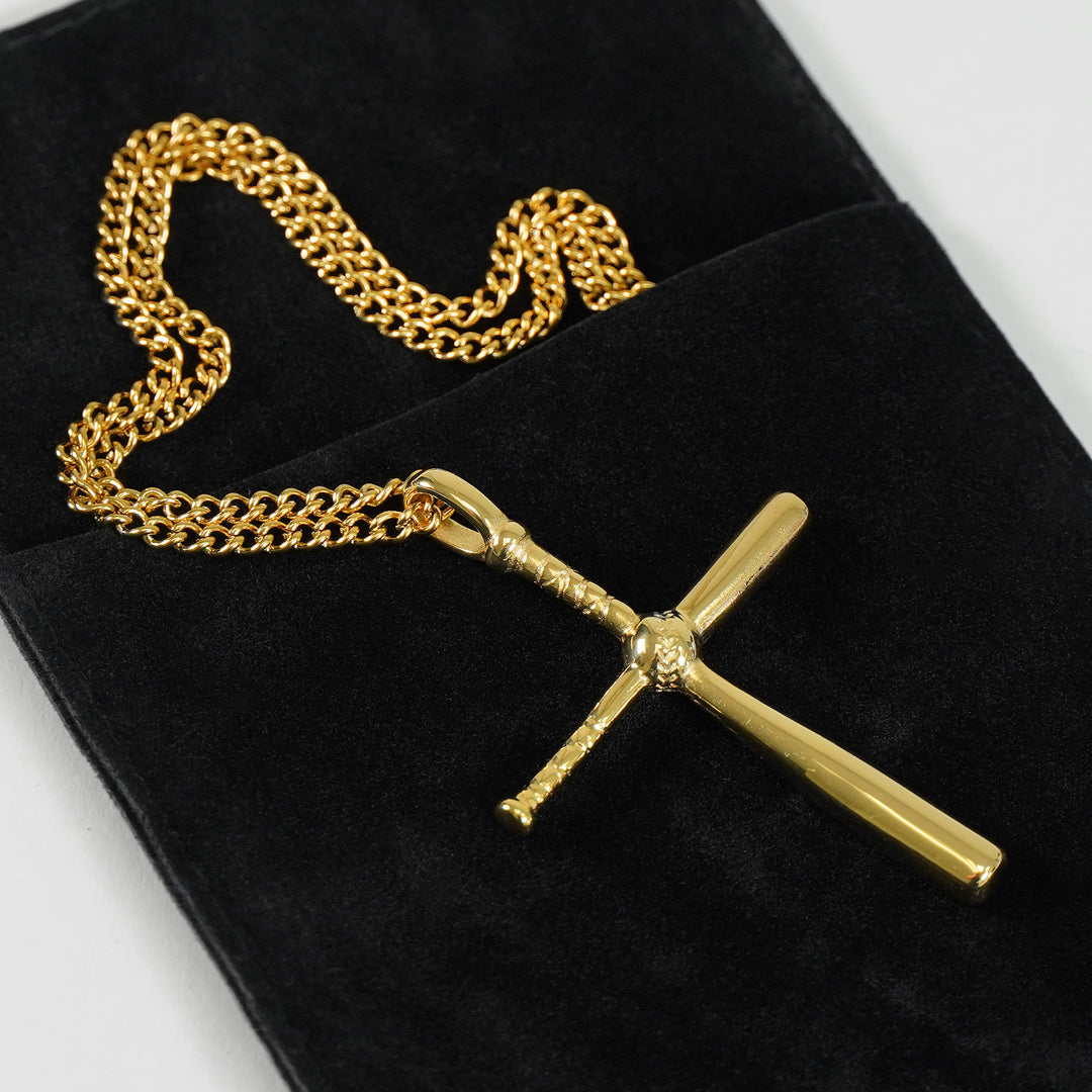 Baseball Bat Cross Pendant with Chain Necklace - Gold Plated Stainless Steel