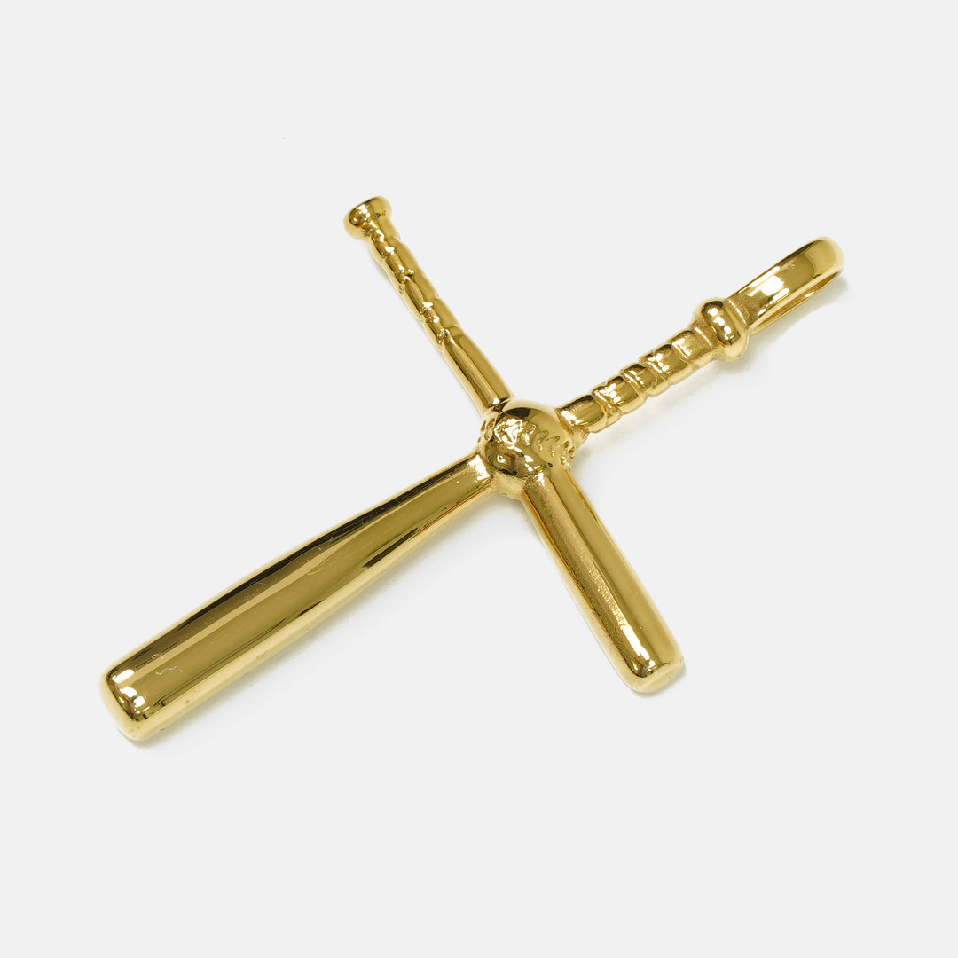 Baseball Bat Cross Pendant with Chain Necklace - Gold Plated Stainless Steel