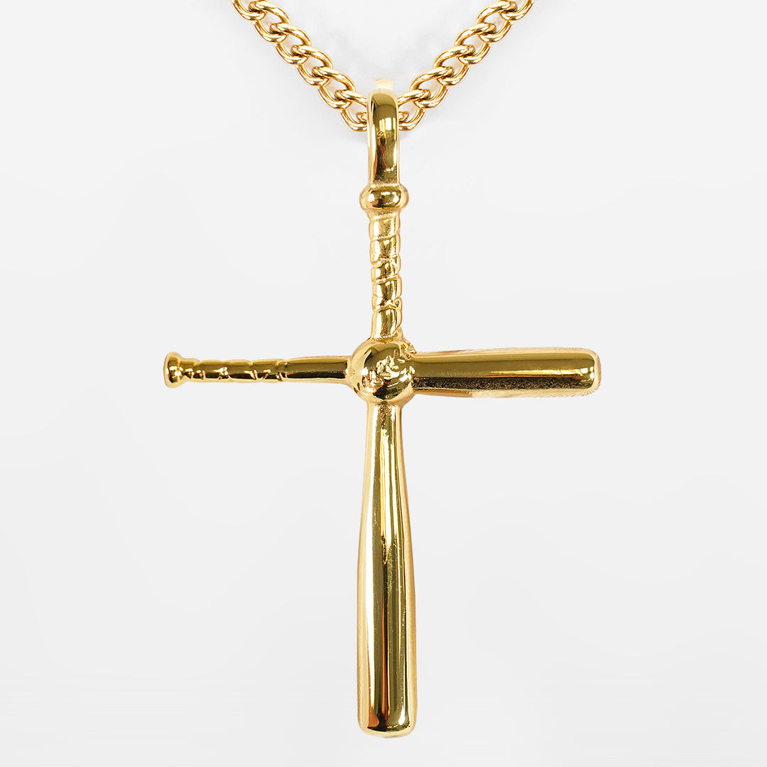 Baseball Bat Cross Pendant with Chain Necklace - Gold Plated Stainless Steel