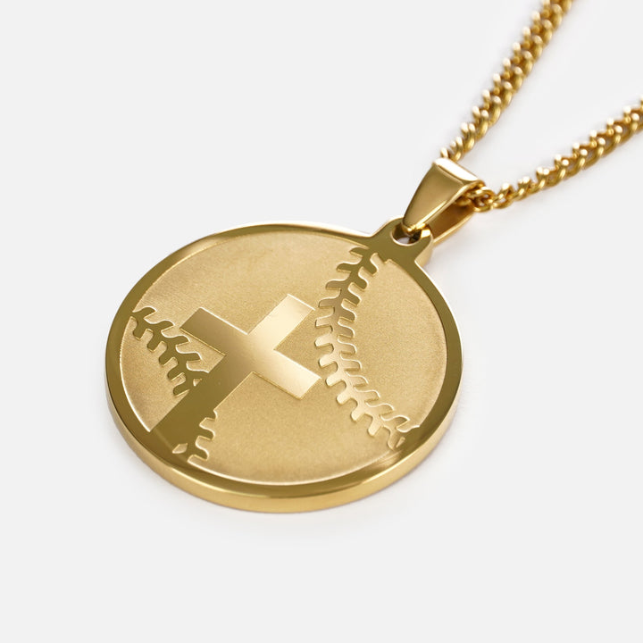 Baseball Faith Cross Pendant with Chain Kids Necklace - Gold Plated Stainless Steel