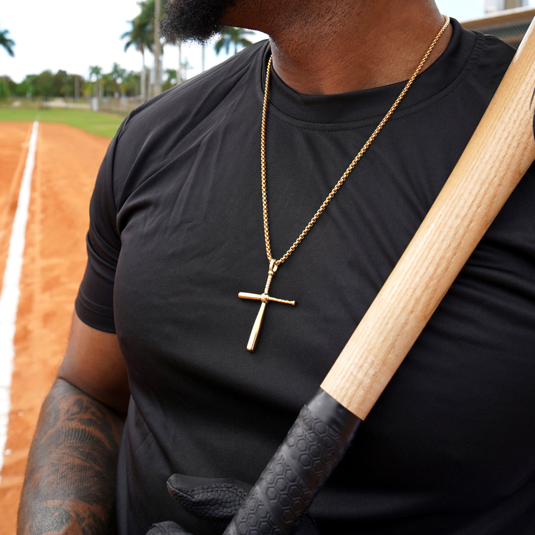 Baseball Bat Cross Pendant with Chain Necklace - Gold Plated Stainless Steel